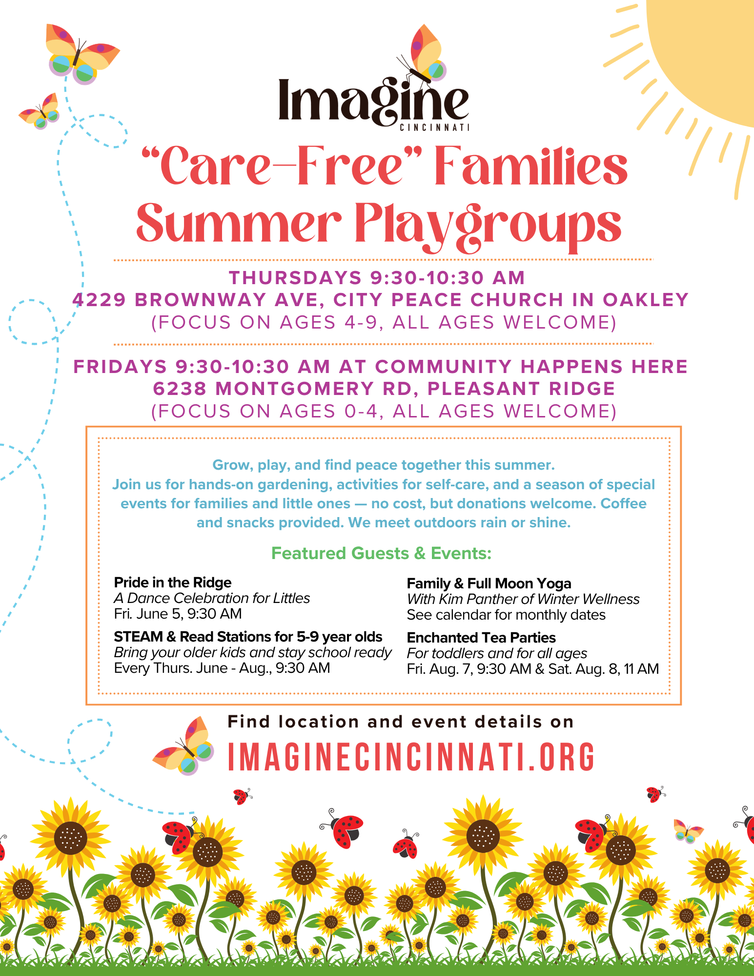 Flyer for 'Care-Free' Families Summer Playgroups in Cincinnati, featuring colorful butterflies, sunflowers, ladybugs, and bees, with schedule details for various events and activities for children of different ages.