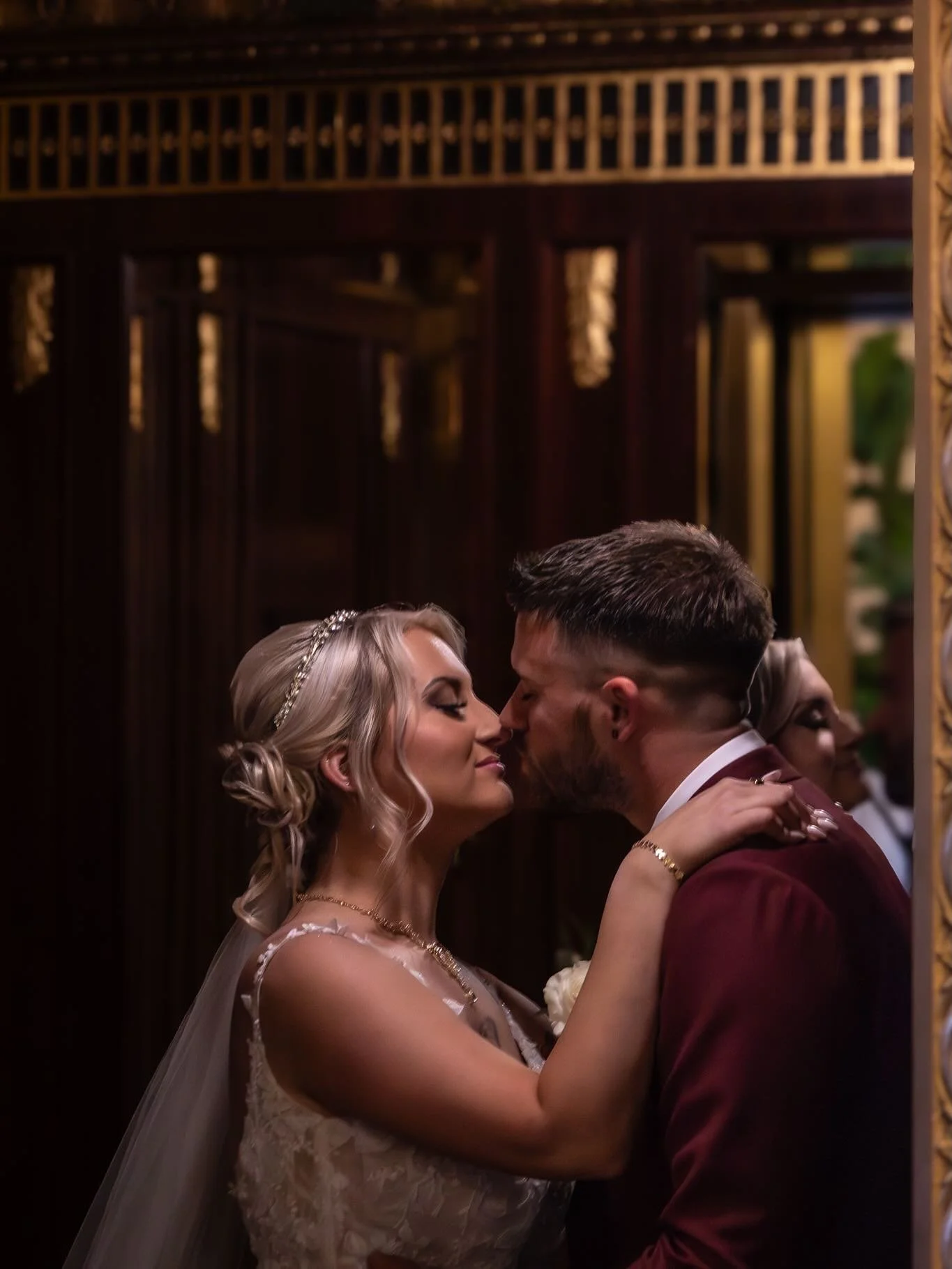 I loved this photo! So moody and timeless, the bride and groom were heading back into the reception post photos and we had to grab a shot in the elevator! ✨