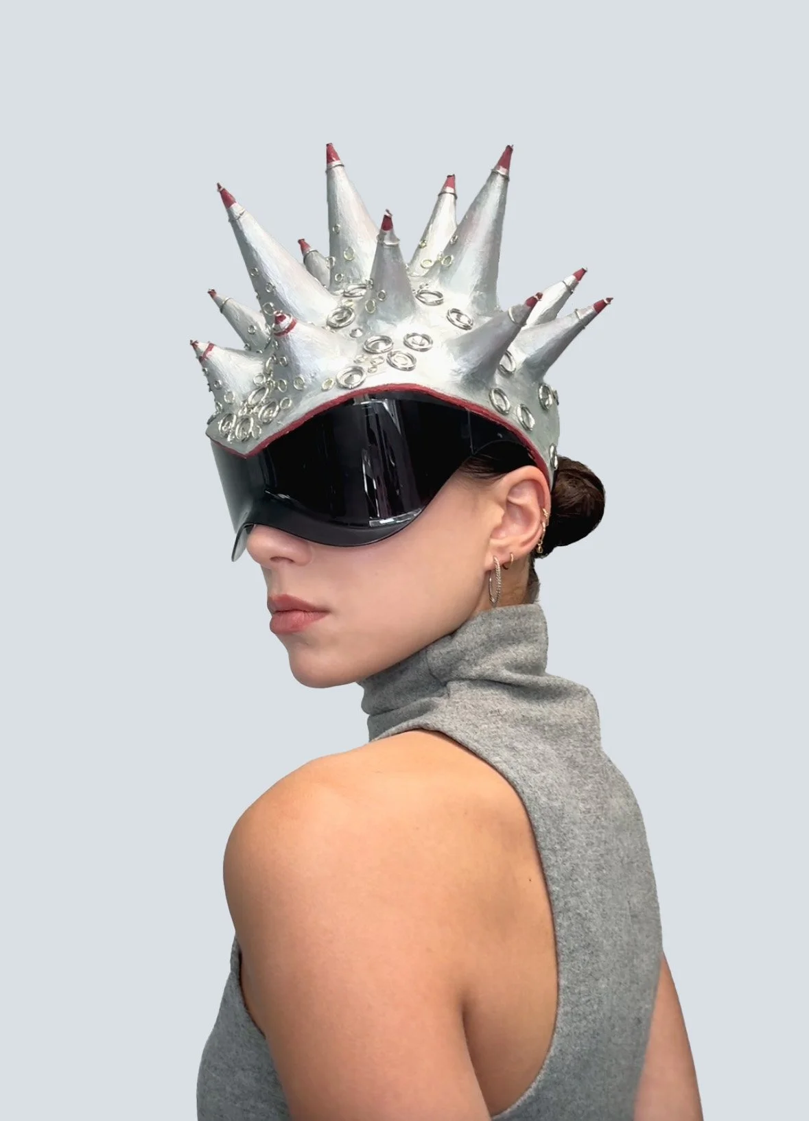 Silver spiked crown helmet made from sunglasses, paper mache, and plaster by contemporary artist Giana Amantea.