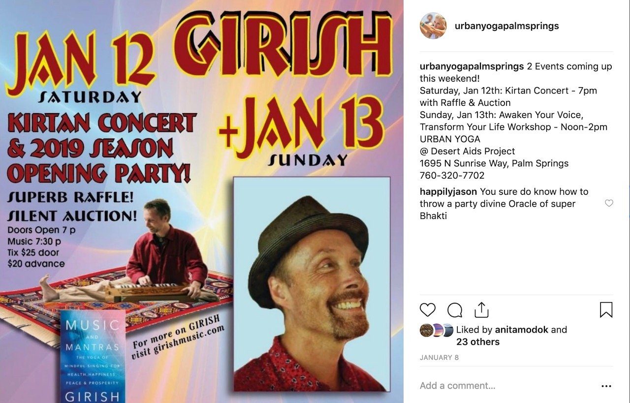 Event poster for Girish and Jan 13 concert and season opening party on January 12 and 13 at Desert Aids Project in Palm Springs. Features flashy text, a photo of a man playing a musical instrument, and a smiling man wearing a hat.