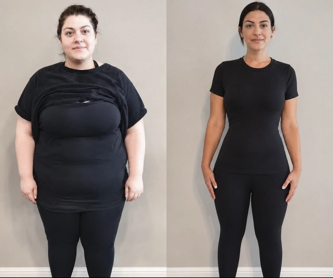 Side-by-side comparison of a woman's transformation: left shows her prior to weight loss, right shows her after weight loss, both wearing black outfits, standing against a plain wall.
