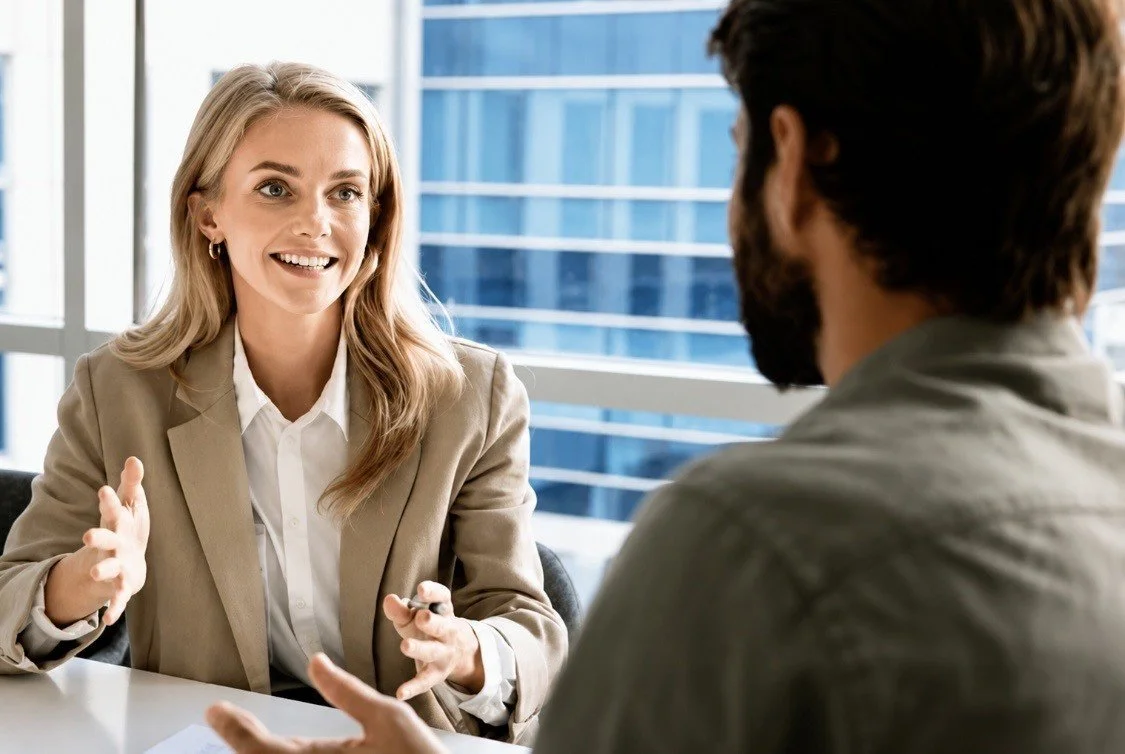 A woman smiling and gesturing while talking to a man in an office setting with large windows.