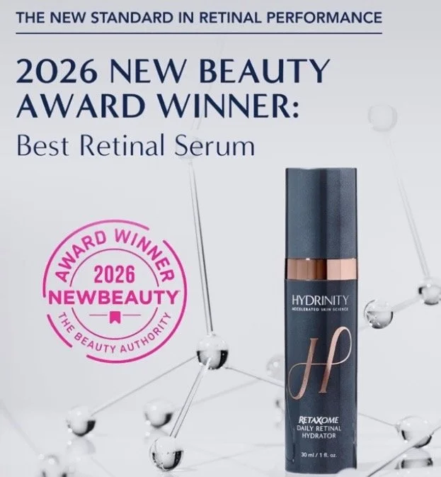 Certificate recognizing 2026 Best Retinal Serum from NewBeauty award, featuring a bottle of Hydrinity Retaxome Daily Retinal Hydrator, with a network of molecular structures in the background.