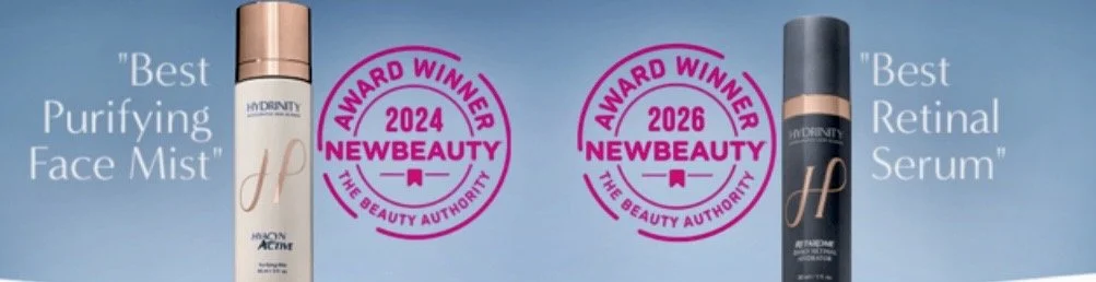 Advertisement for skincare products, featuring Hydranity Face Mist and Retinal Serum, with two award badges for Best Purifying Face Mist in 2024 and Best Retinal Serum in 2026, set against a blue background.
