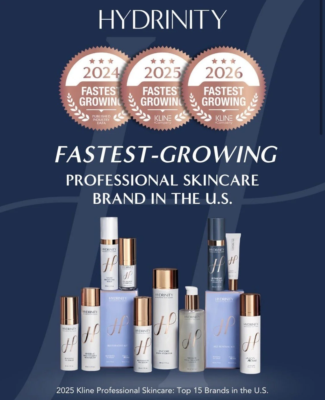 Poster highlighting Kline's Hydrinity as the fastest-growing professional skincare brand in the U.S. from 2024 to 2026, with a display of Hydrinity skincare products including serums, creams, and treatments.