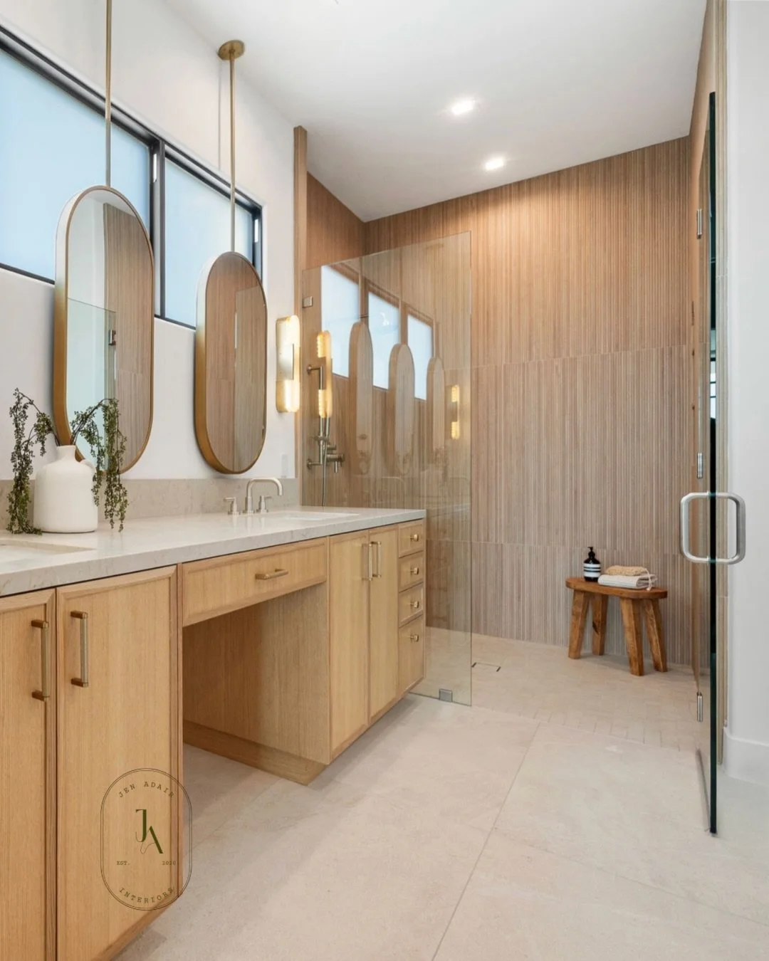 This primary bath is giving all the feels! When they give you windows in the bathroom you are so happy for all that natural light but we had to get creative with mirrors and we couldn&rsquo;t be happier! 
.
.
.
#jenadairinteriors #interiors #interior