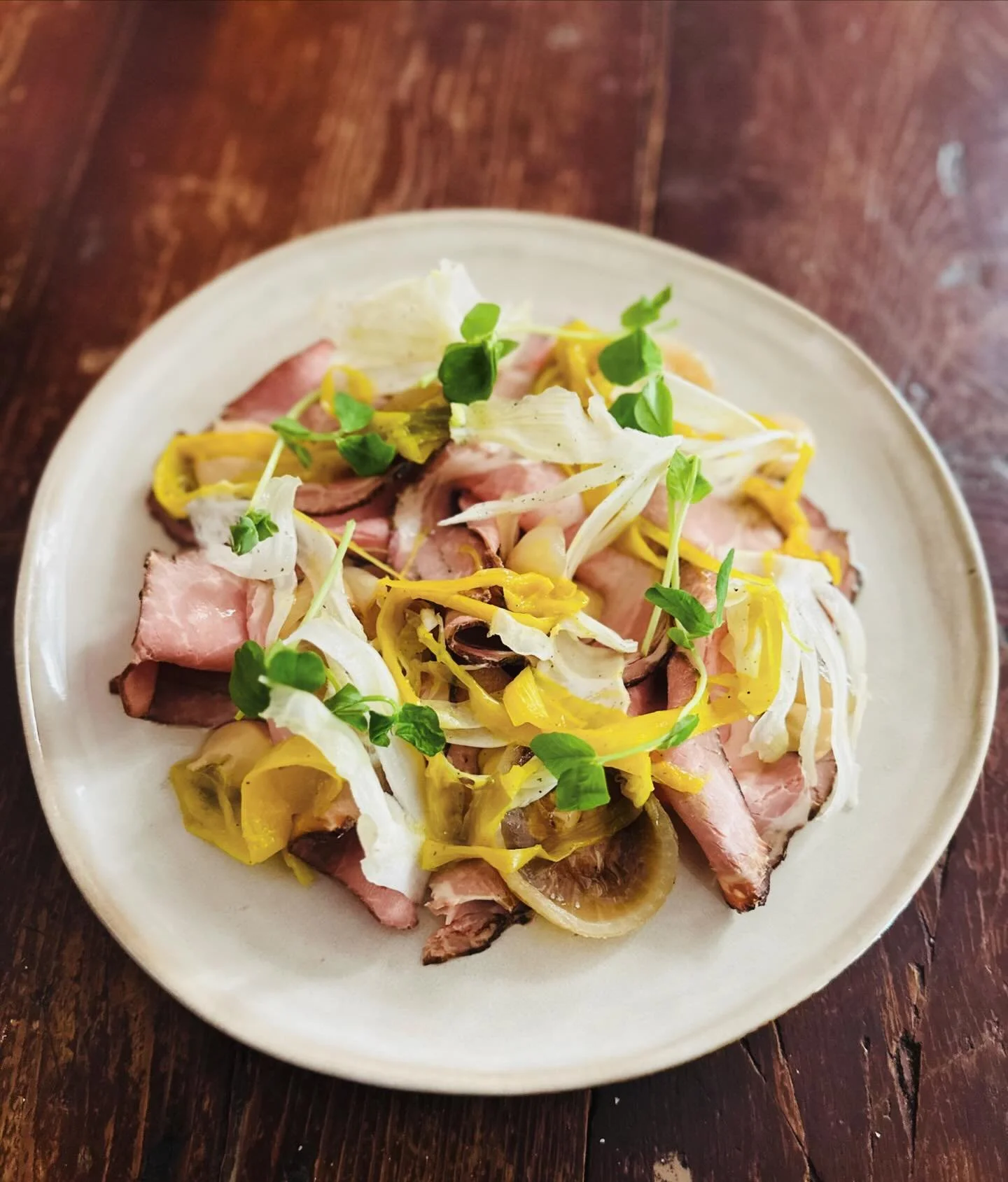 ✨new appetizer✨
slow roasted + smoked pork shoulder, jus, fennel, 
balsamic onions, marinated leeks