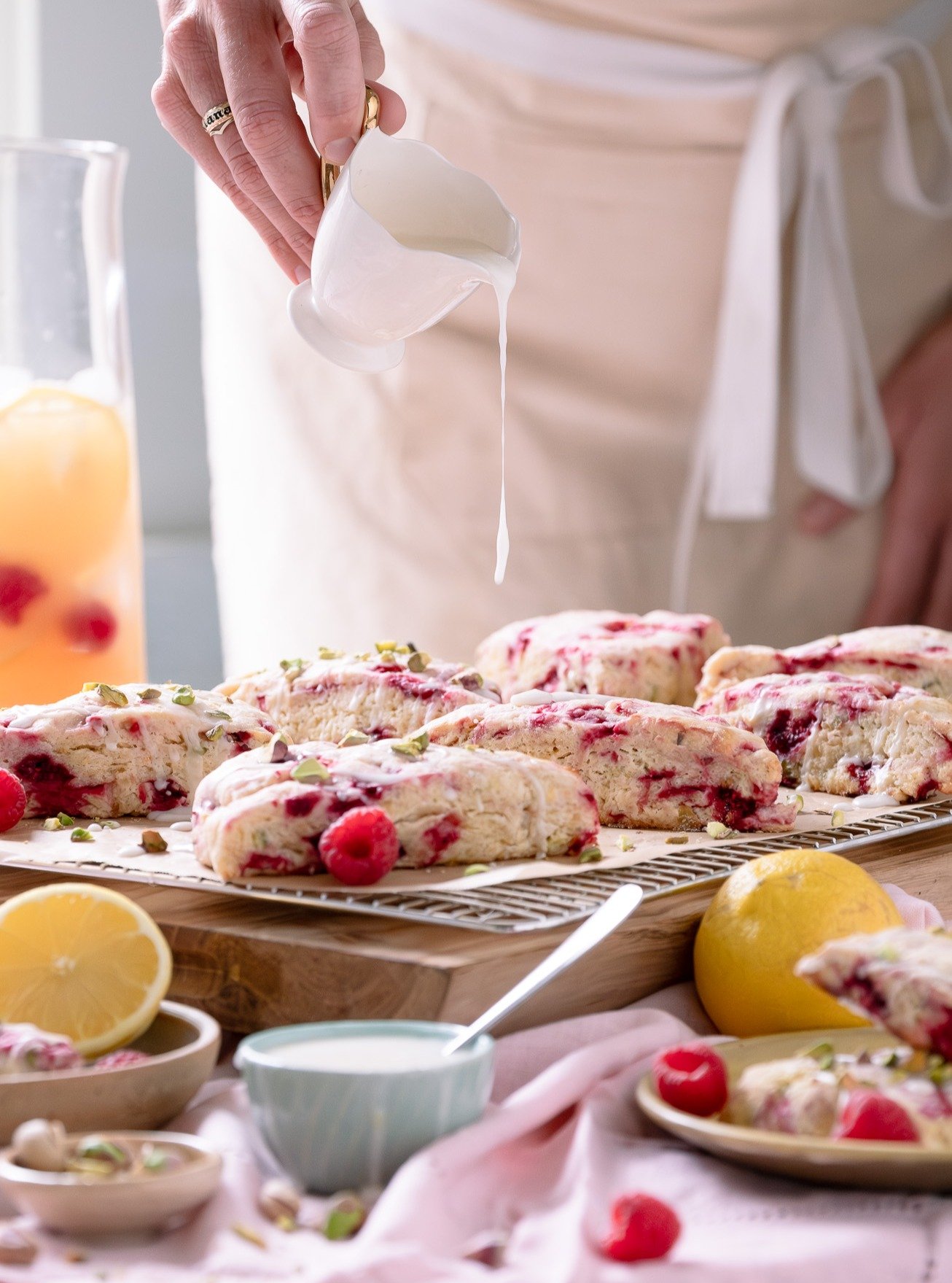 Spring is in full bloom, and these scones will brighten anyone's day. The scone #recipe is both #glutenfree and #dairyfree, but you&rsquo;d never know it! P.S. You can freeze them to bake later!

Raspberry Pistachio Scones
Makes ~ 6 large scones

315
