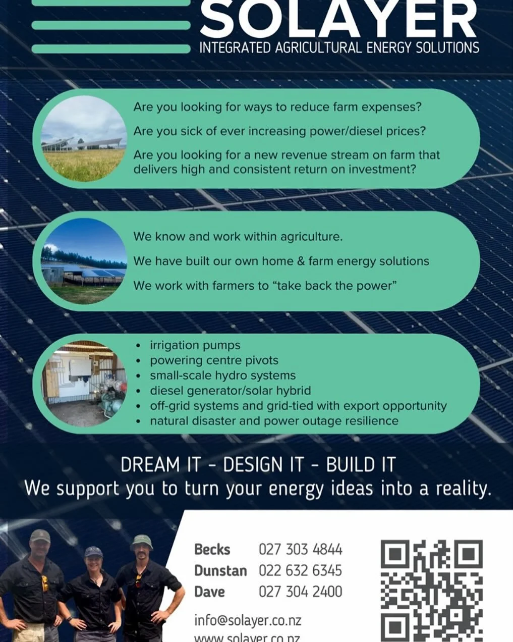 Have you been thinking about Solar on your farm, lifestyle block or home? 

Solayer is 3 Central Otago farmers looking to help the shift to renewable energy, give power outage resilience and help reduce expenses, with an income stream that delivers a