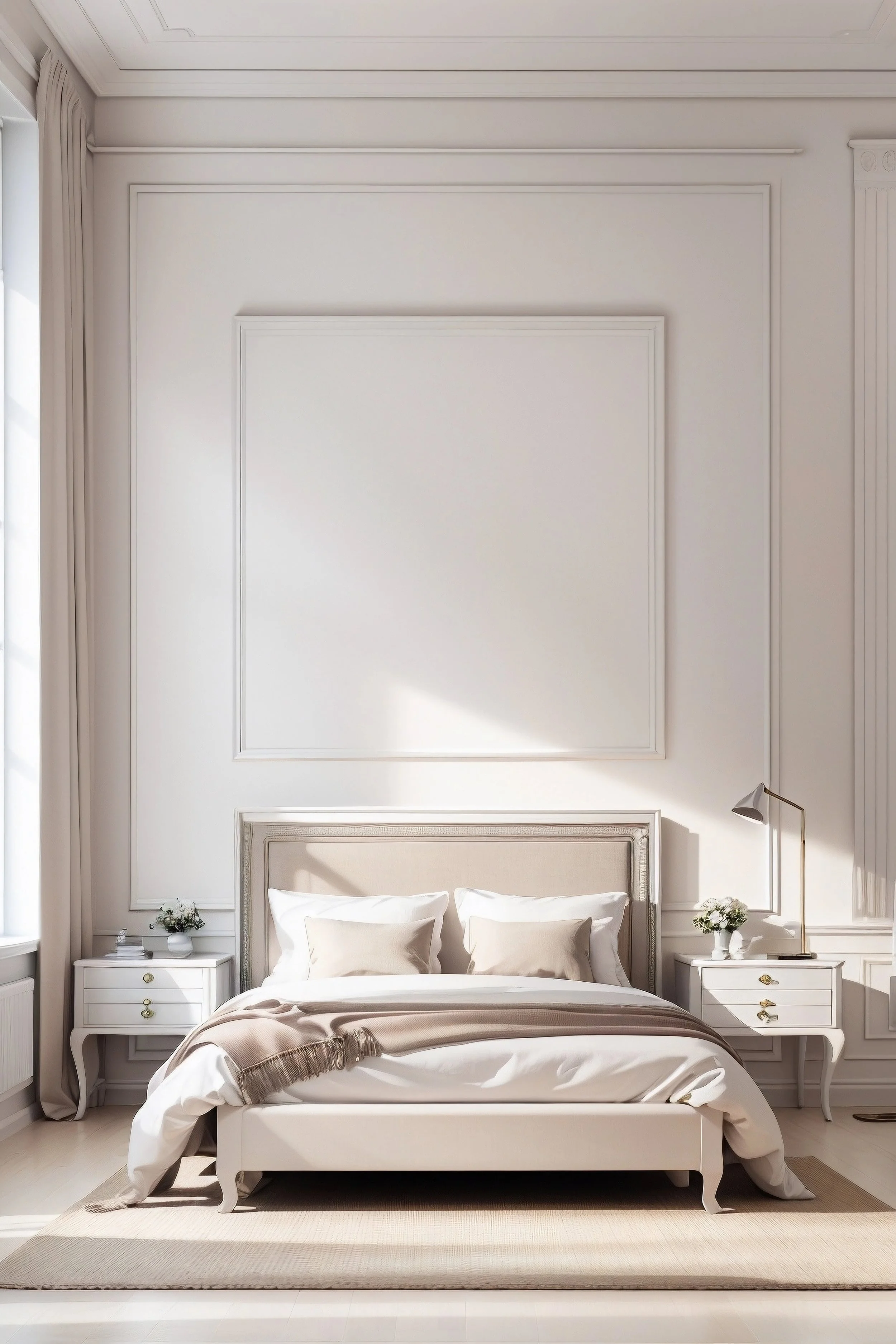 A bright bedroom with a beige bed, white bedding, beige pillows, a beige throw blanket, and two white nightstands with flowers and a lamp, all in a minimalist, light-colored room