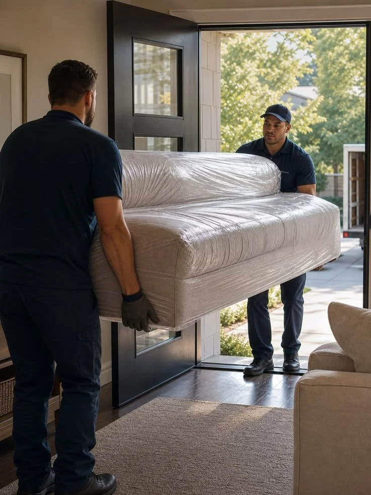 Two movers, wearing dark uniforms and black gloves, carry a wrapped sofa into a house through an open door.