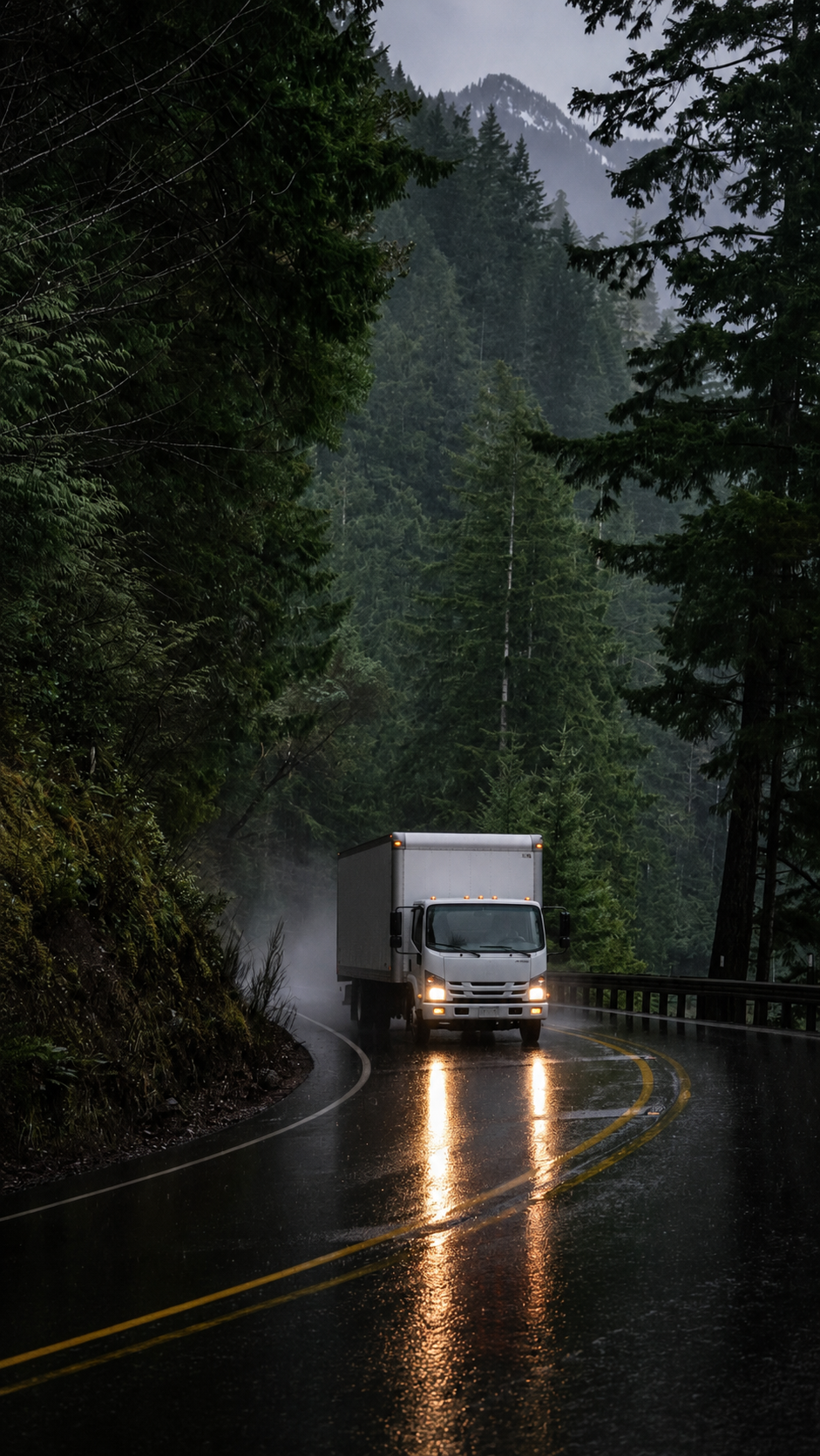 A white box truck driving on a wet, winding mountain road surrounded by tall green evergreen trees with mountains in the background on a rainy day.