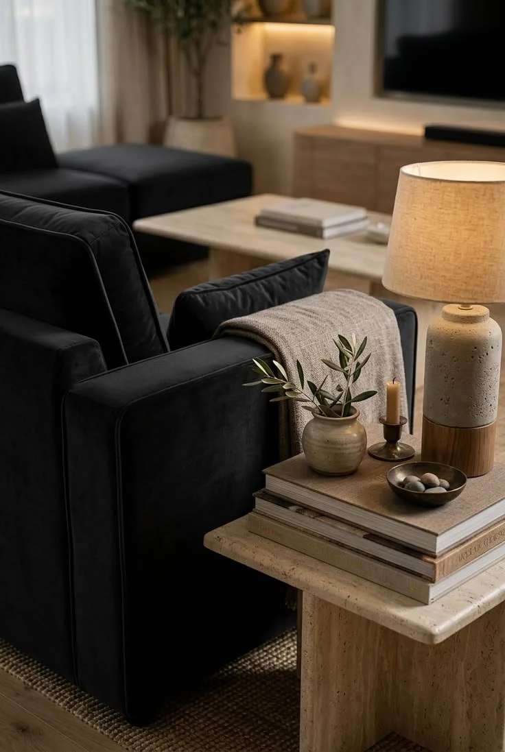 Close-up of a black armchair with a neutral-colored throw blanket, next to a beige bedside table holding a table lamp, a small vase with green foliage, a candle, and a bowl of decorative stones in a cozy living room.