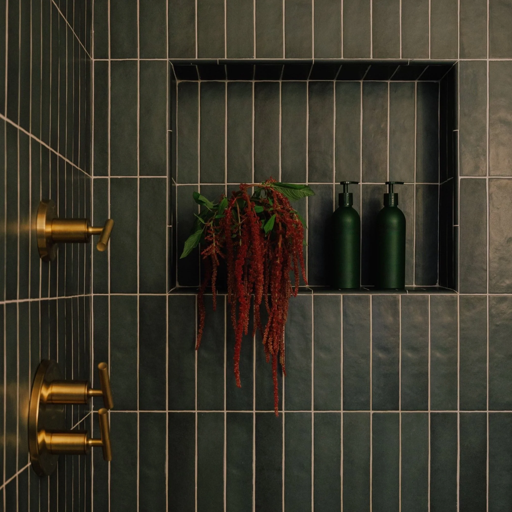Dark tiled shower designed by Mura Studio with built-in shelf holding a red flowering plant and two dark green soap bottles.