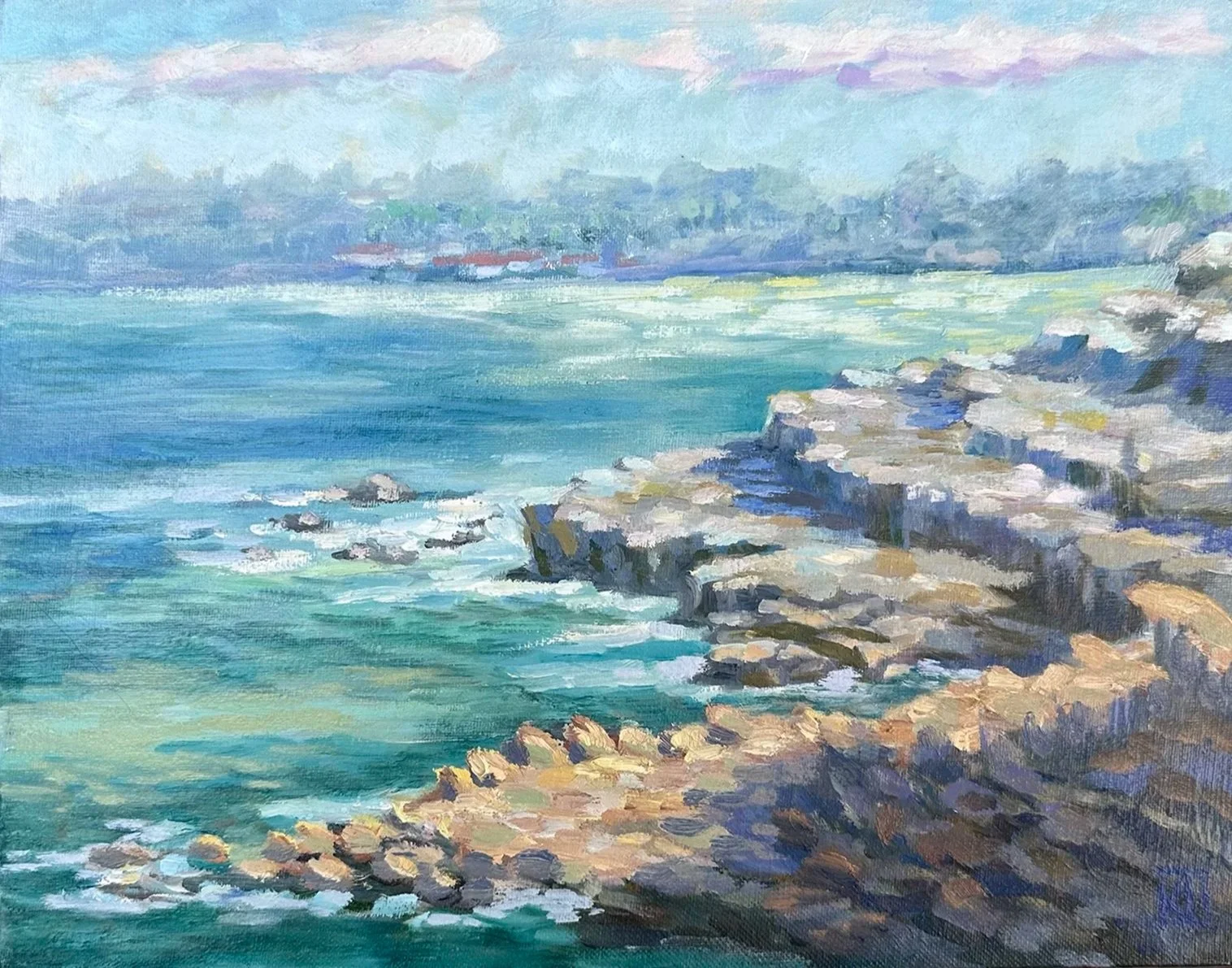 A watercolor painting of a coastal scene featuring blue-green water, rocky shoreline, and distant land with trees and buildings under a pastel sky.