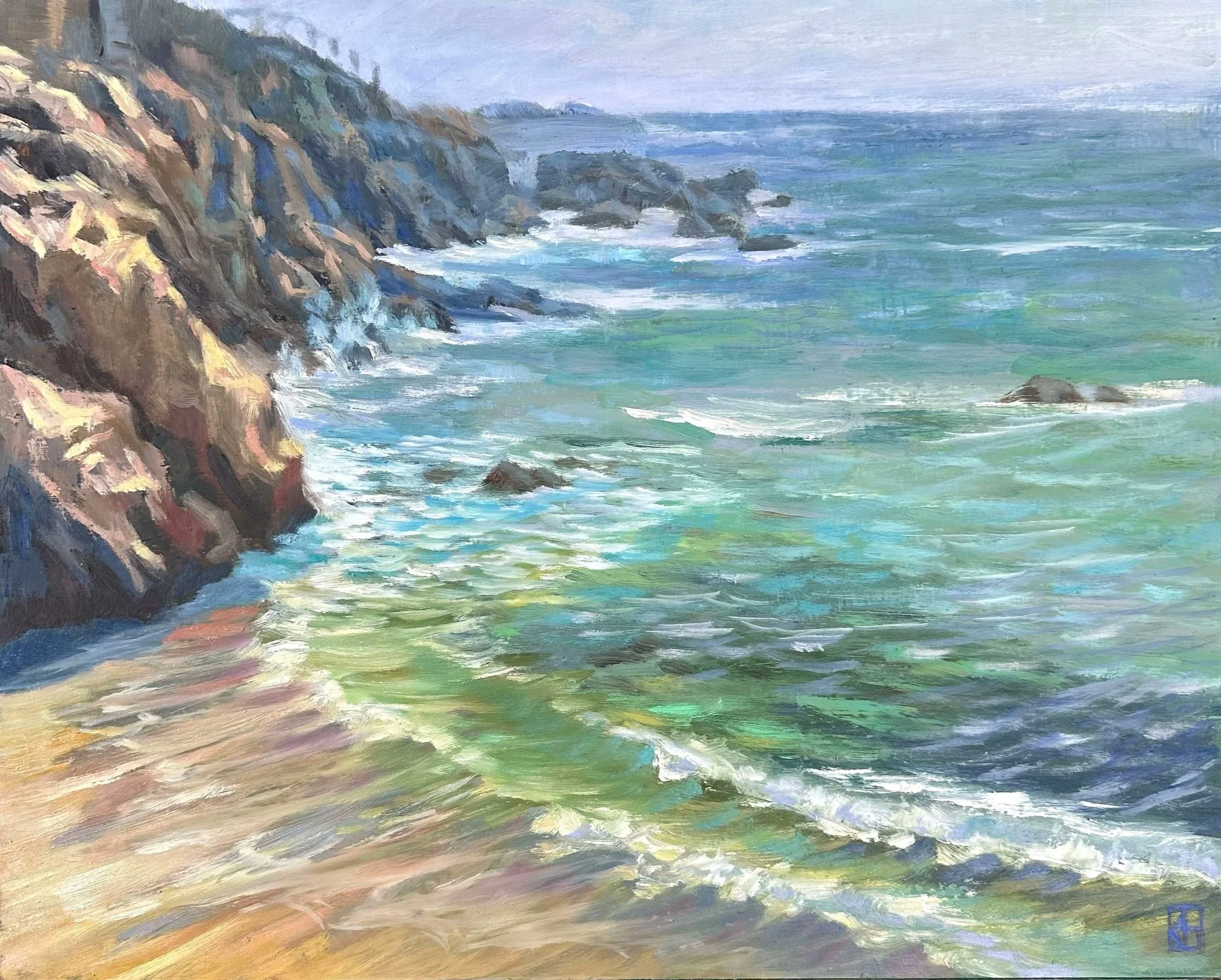 A painting of a coastal scene with rocky cliffs on the left and the ocean stretching into the distance on the right, featuring waves and a partly cloudy sky.