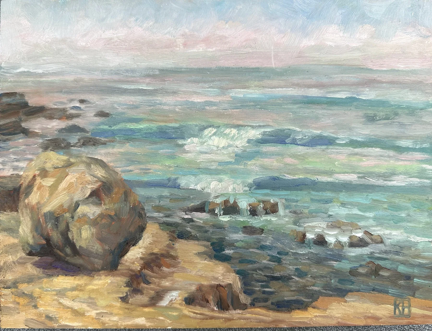 An impressionist painting of a beach with rocks in the foreground, waves in the middle, and a cloudy sky above, with pastel colors including pinks, blues, and browns.