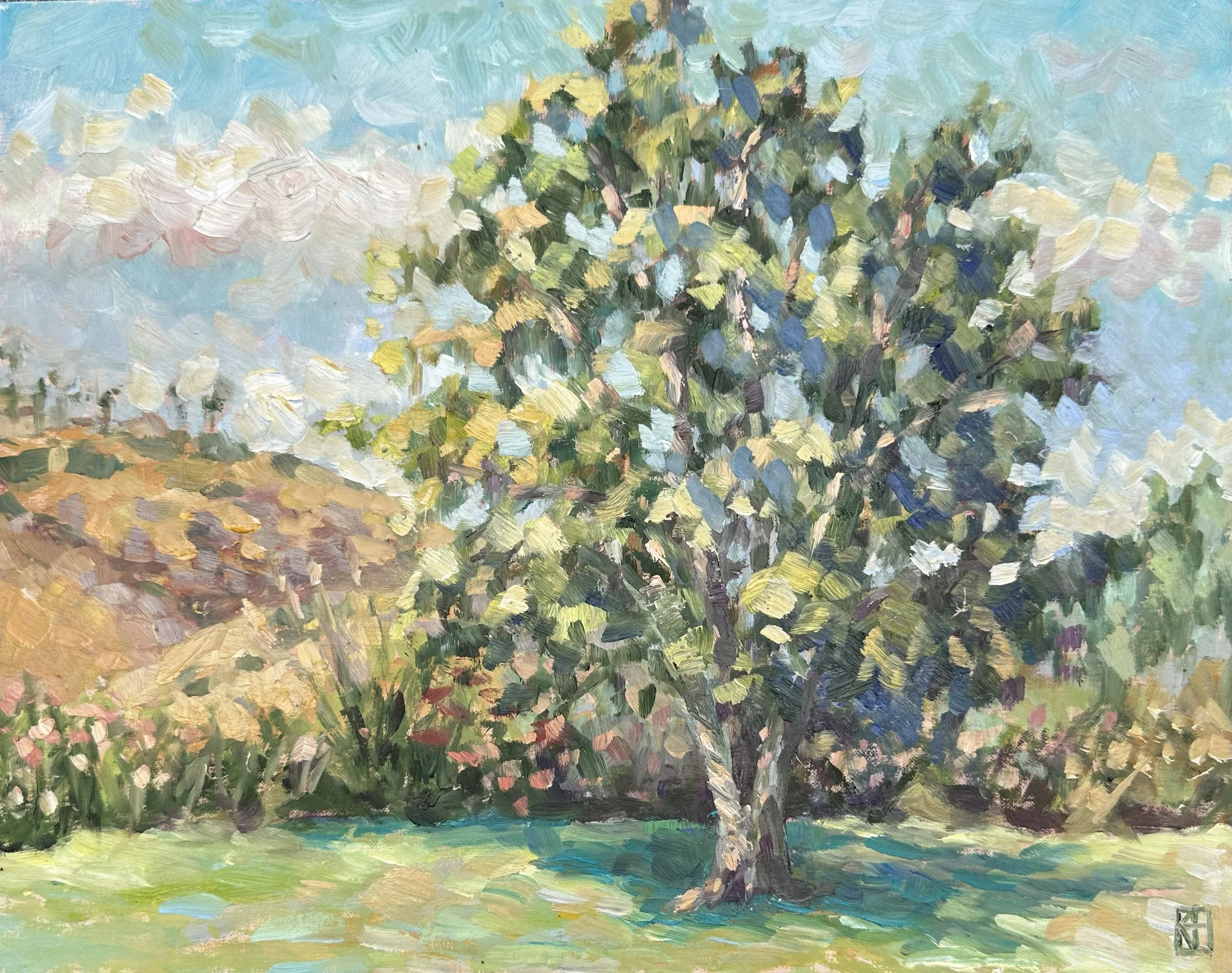 A landscape painting depicting a city park with trees, a pathway, and a blue sky with clouds, painted in an impressionistic style.