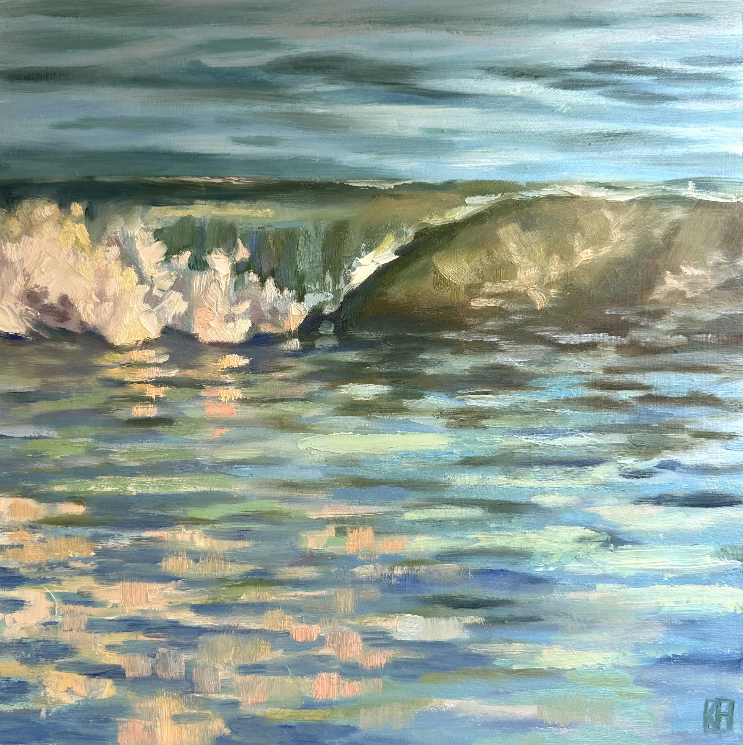 A landscape painting of a seascape with waves crashing onto a shoreline with the seafoam in the foreground reflecting the light in pastel colors.