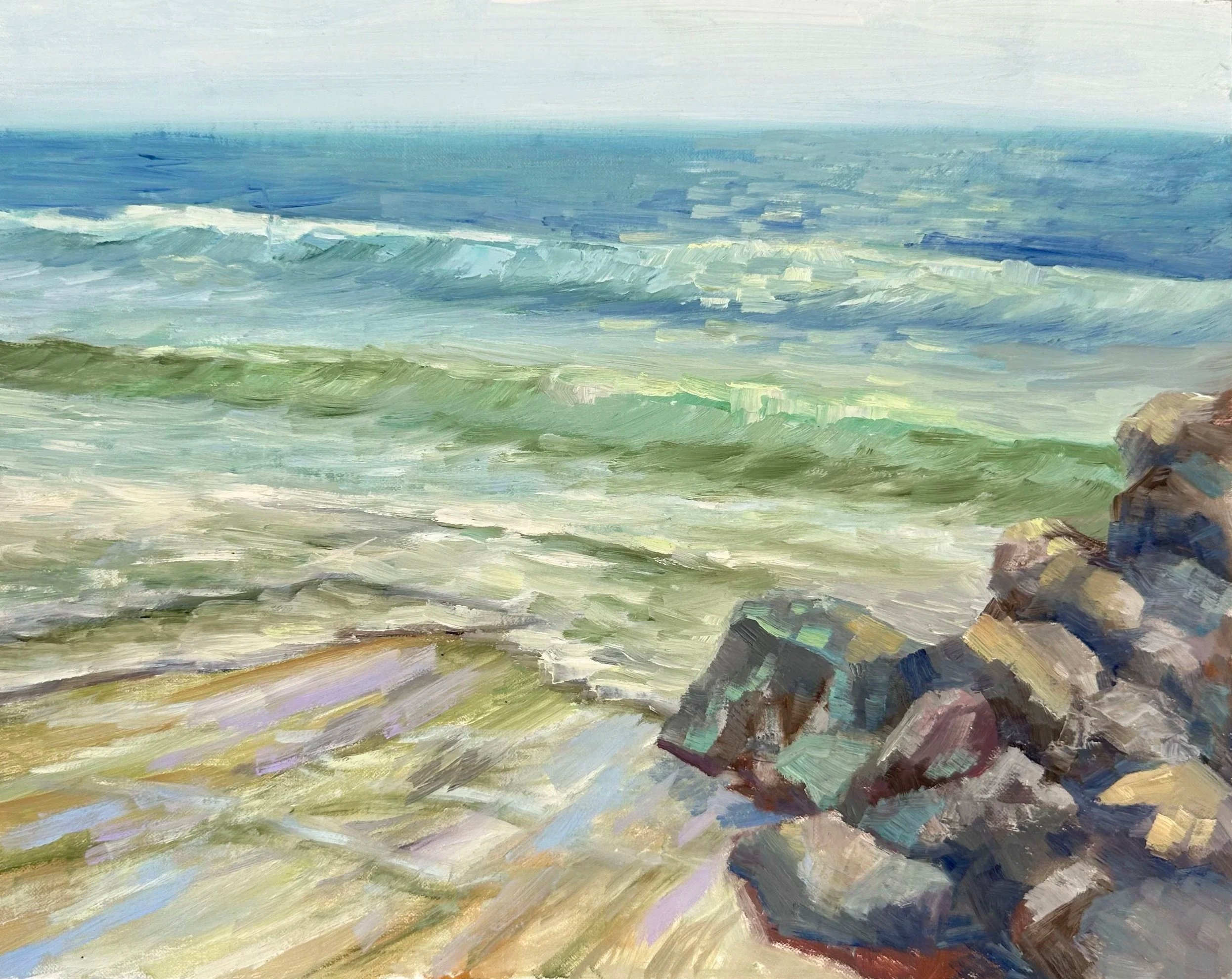 An painting of an ocean scene with large rocks in the foreground, and waves in shades of blue, green, and white.