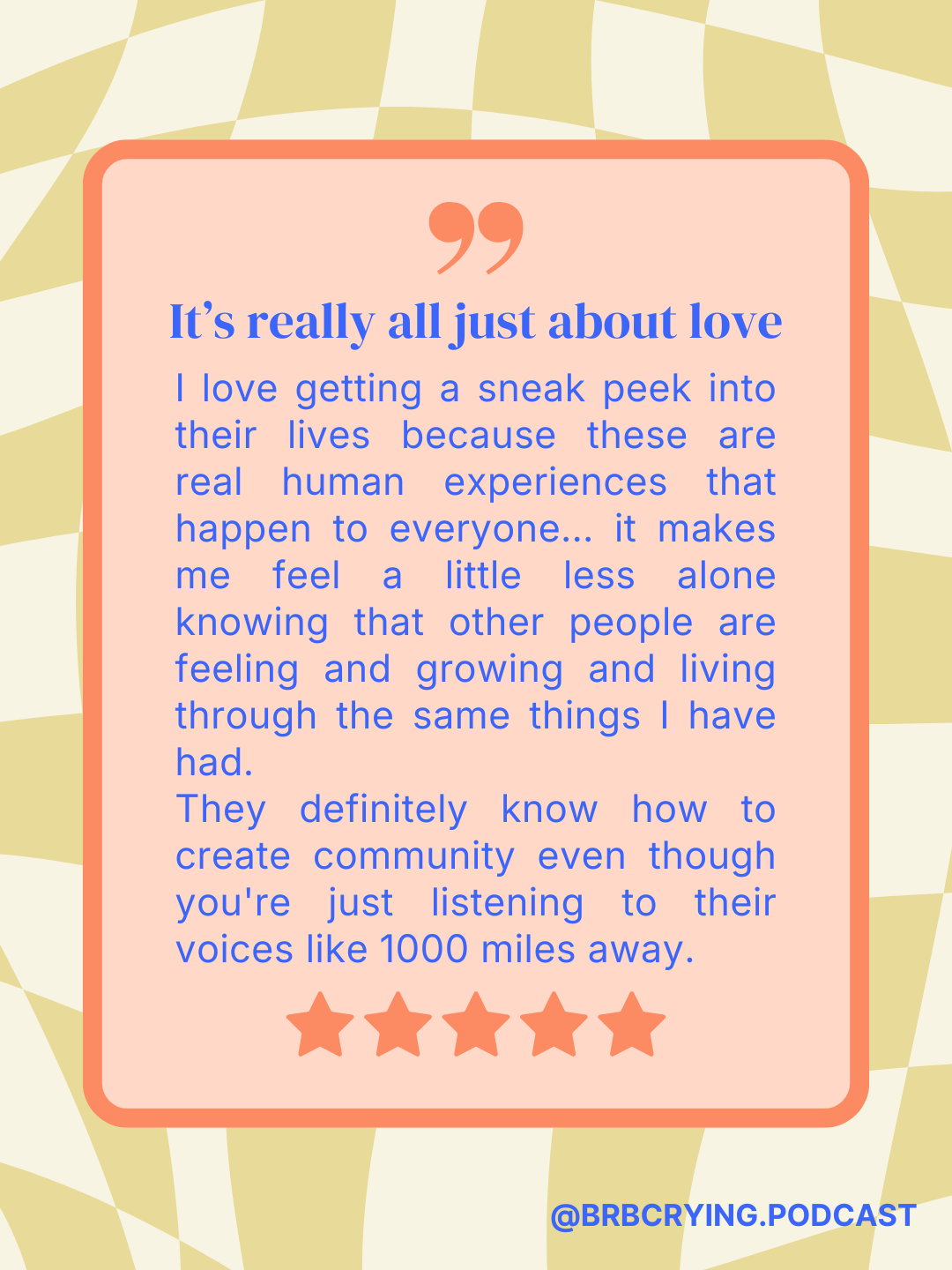 Review that says "It’s really all just about love. I love getting a sneak peek into their lives because these are real human experiences that happen to everyone... it makes me feel a little less alone knowing that other people are feeling..."