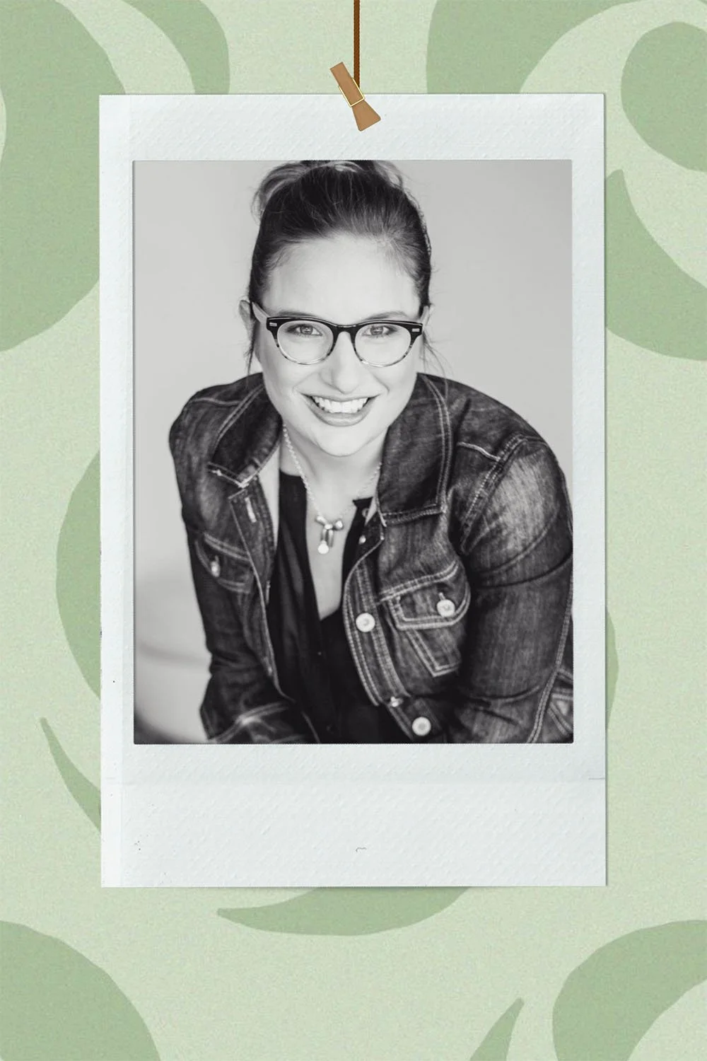 Polaroid image of head photographer, Laura, on green koru background