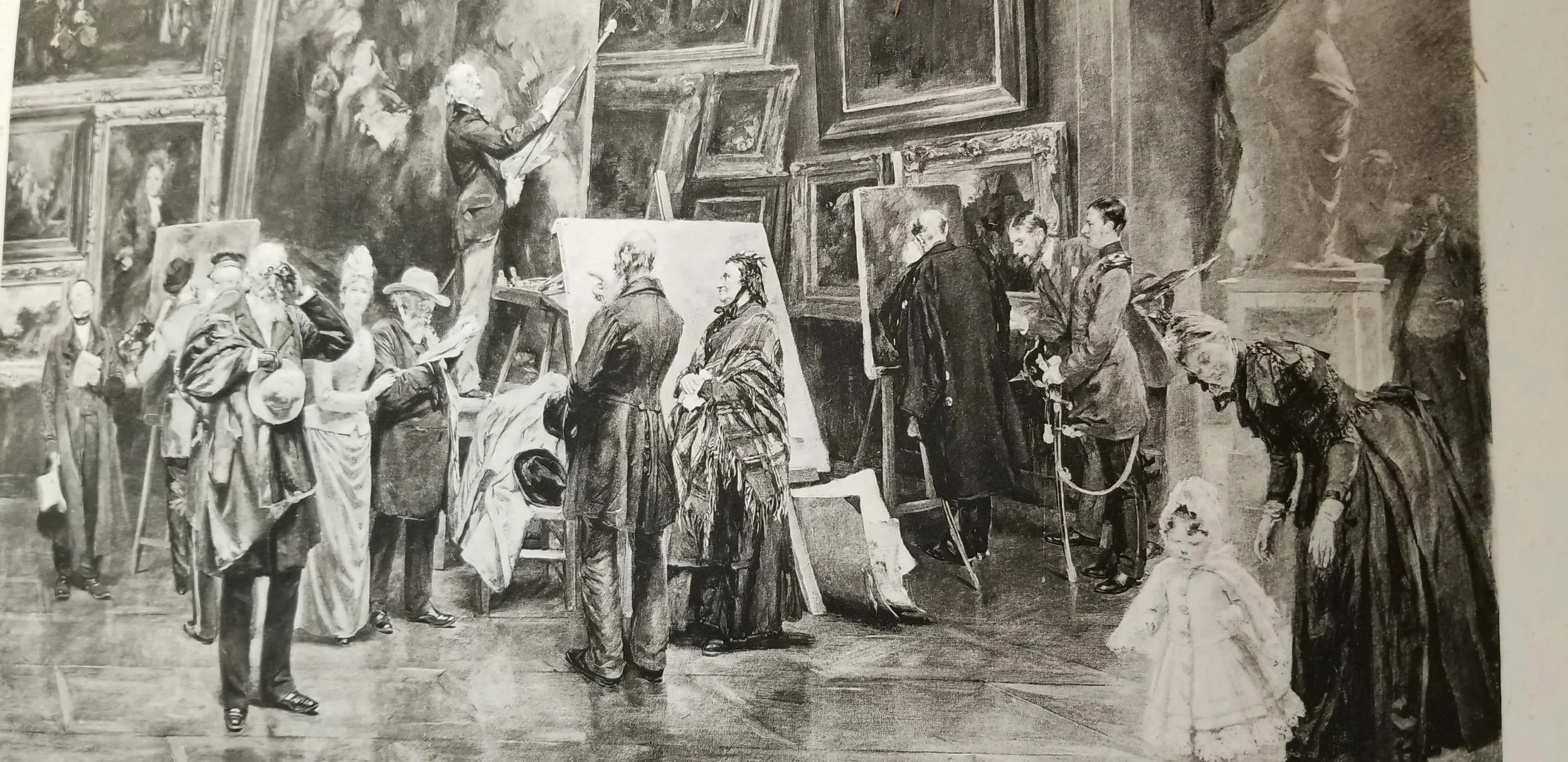 A black and white illustration of an art gallery scene with people viewing paintings, some engaging in conversation, and artists working on their canvases.