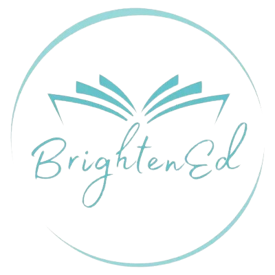 Logo with the word 'BrightenEd' and an open book illustration inside a circular outline.