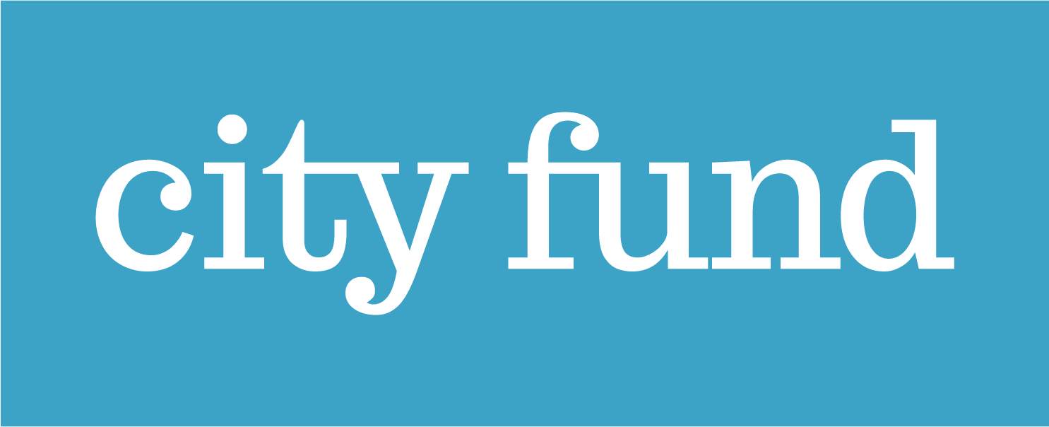 "City fund" text in white on a blue background