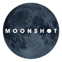 Full moon with the word 'MOONSHOT' across it in bold letters.