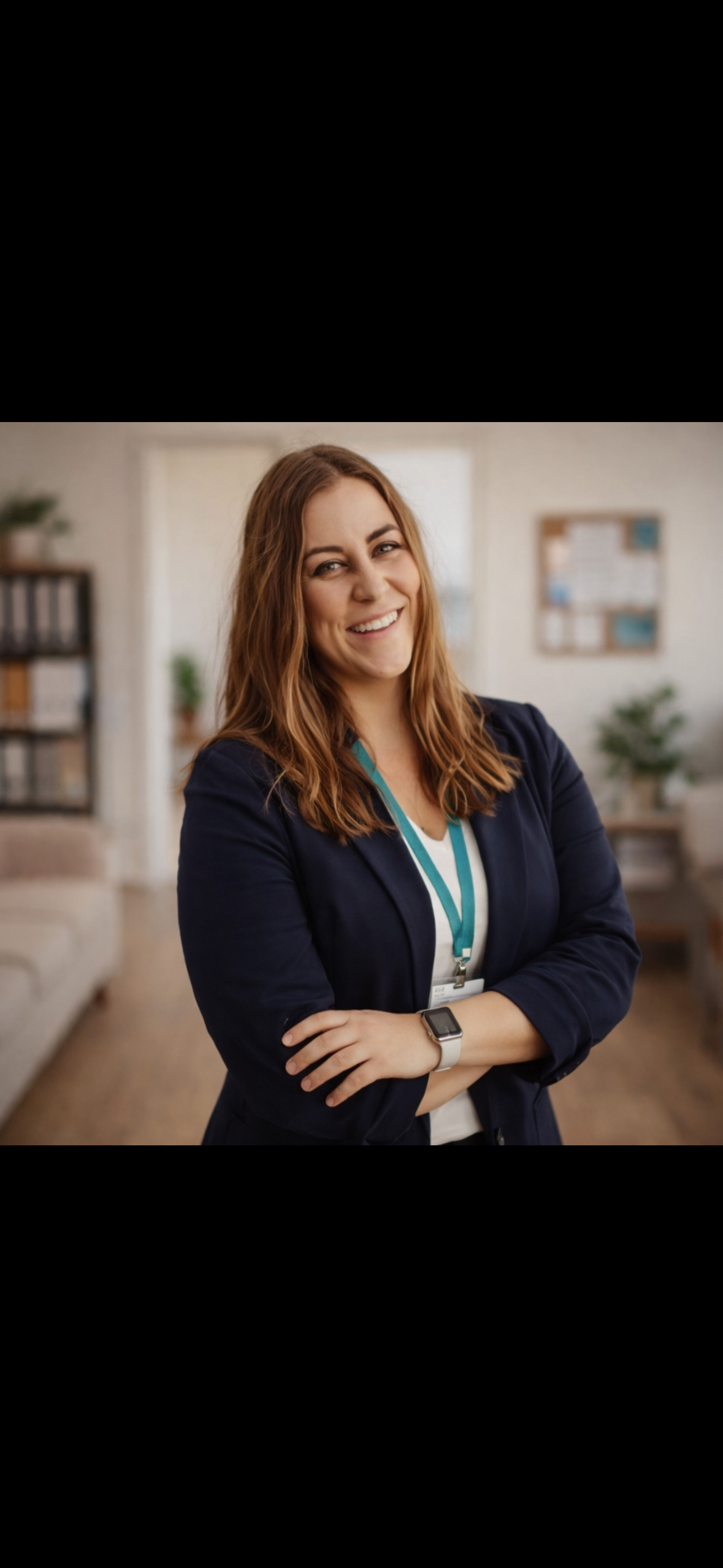 Woman smiling on the beach wearing a red sweater and a smartwatch.