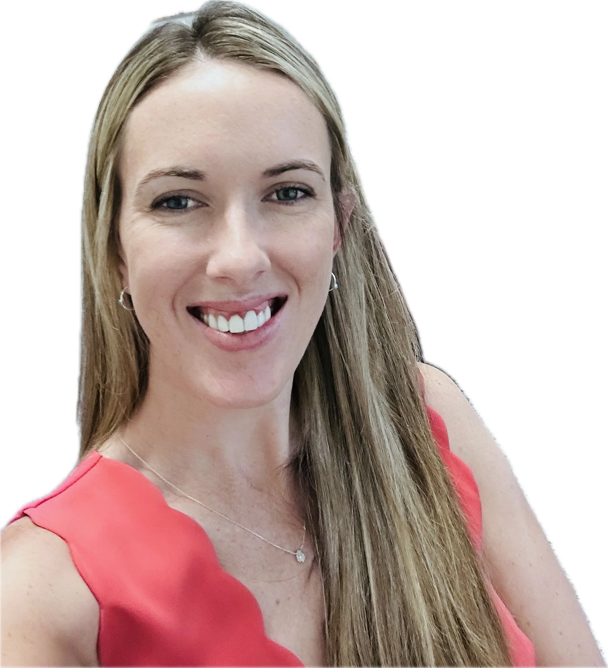 A smiling woman with long blonde hair wearing a red sleeveless top, a necklace, and earrings, against a plain white background.