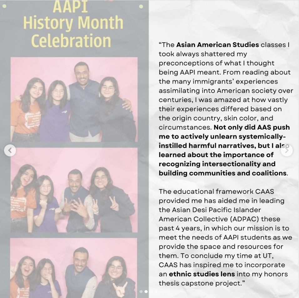 Graduating Student profile posts for UT Austin's Center for Asian American Studies social media