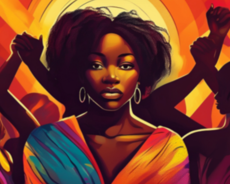 Illustration of a confident black woman with natural hair, wearing a colorful dress, surrounded by abstract figures and a vibrant background with warm colors.