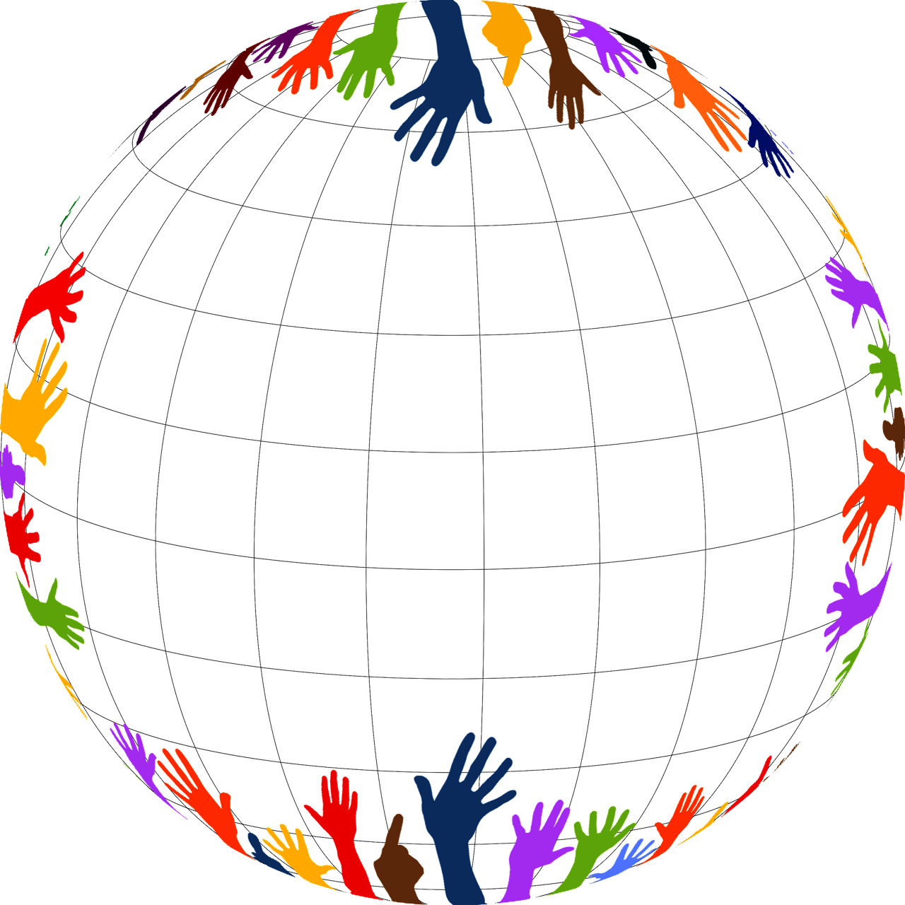 Colorful hands of various skin tones reaching around a globe, symbolizing diversity and global unity.