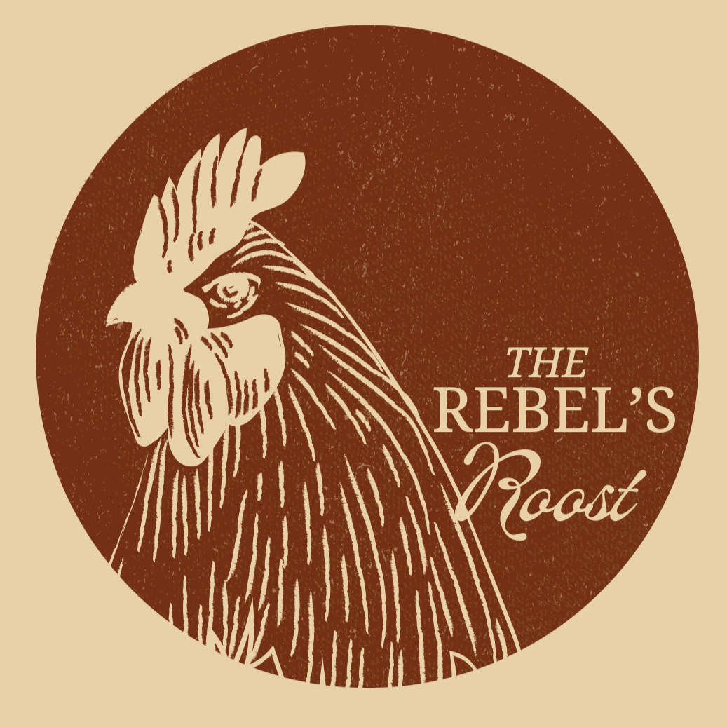Logo featuring a stylized rooster within a brown circle, with the text 'The Rebel's Roost' to the right.