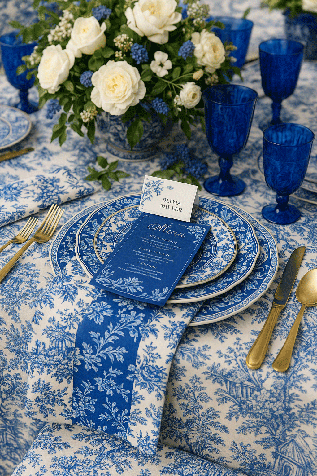 AI-generated Chinoiserie wedding table overloaded with blue patterns and ornate details.