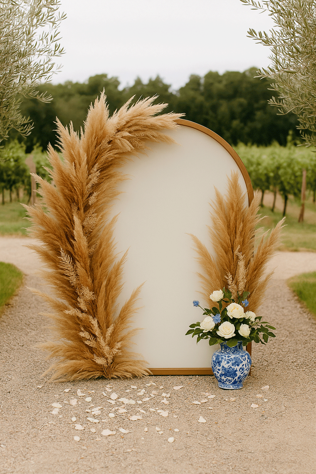 Outdoor wedding setup with mismatched styles—elegant blue chinoiserie vase against boho wedding arch, a rustic vineyard in the background. Highlights the disconnect when weddings follow trends over personal vision.