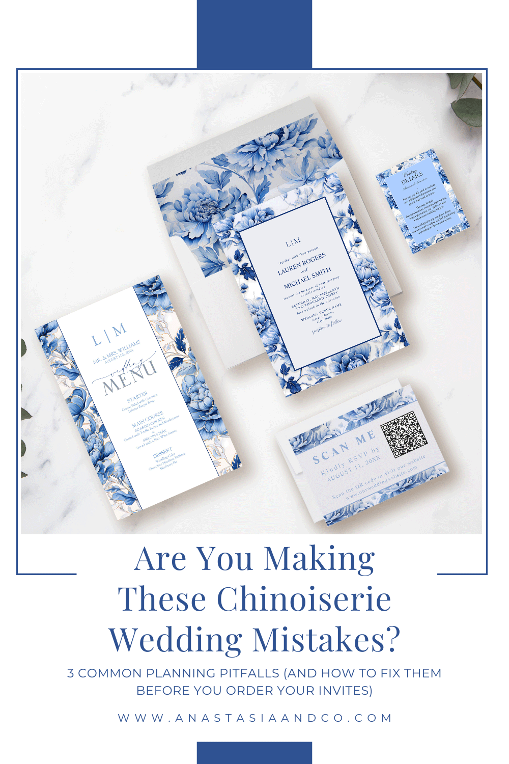 Animated image showing a poorly designed Chinoiserie invitation suite created to illustrate common design mistakes.