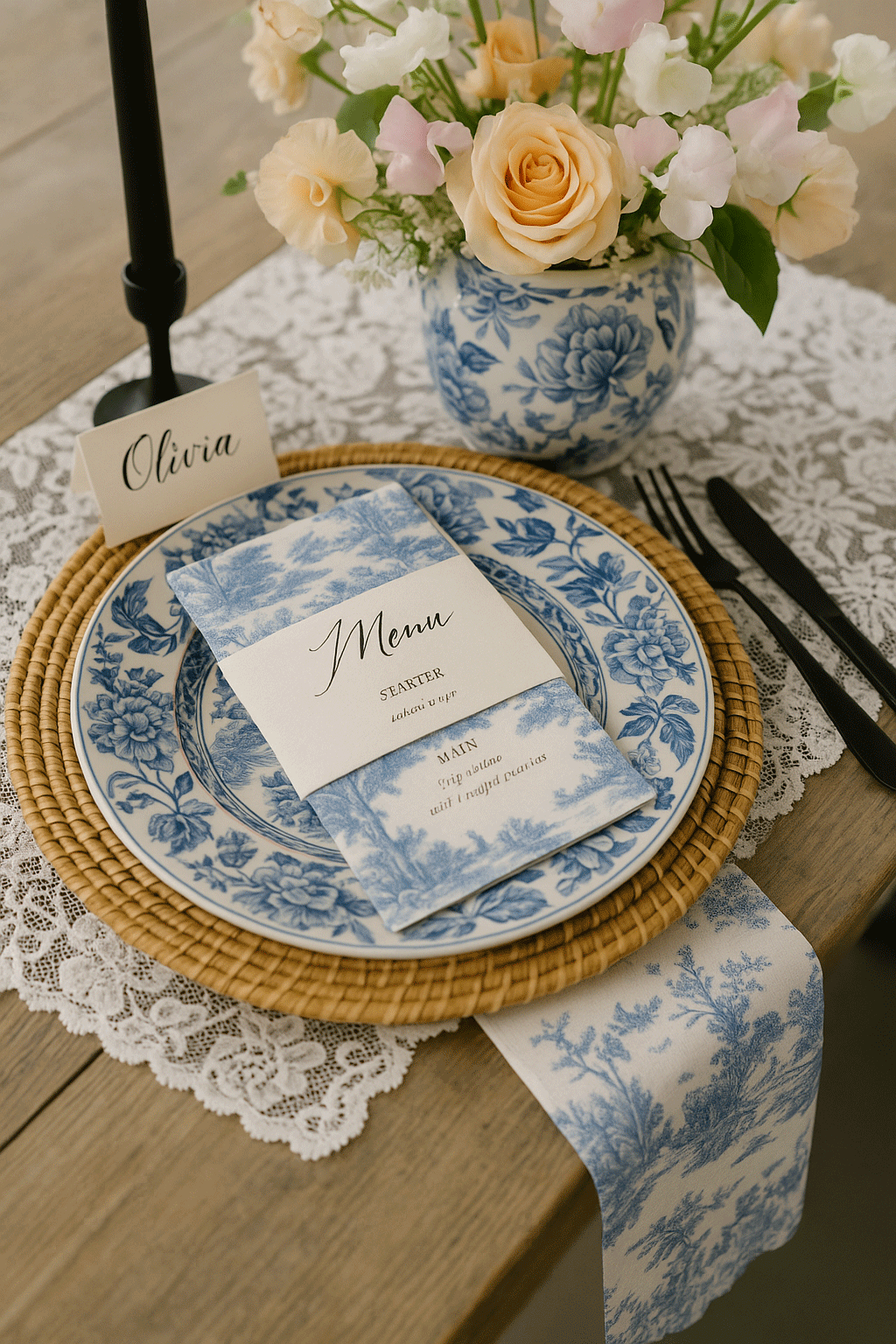 AI-generated Chinoiserie wedding table with mismatched styles and no cohesive vision.