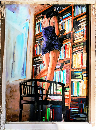 BIBLILOPHILE
26X38 ACRYLIC
REVERSE GLASS PAINTING 
$900