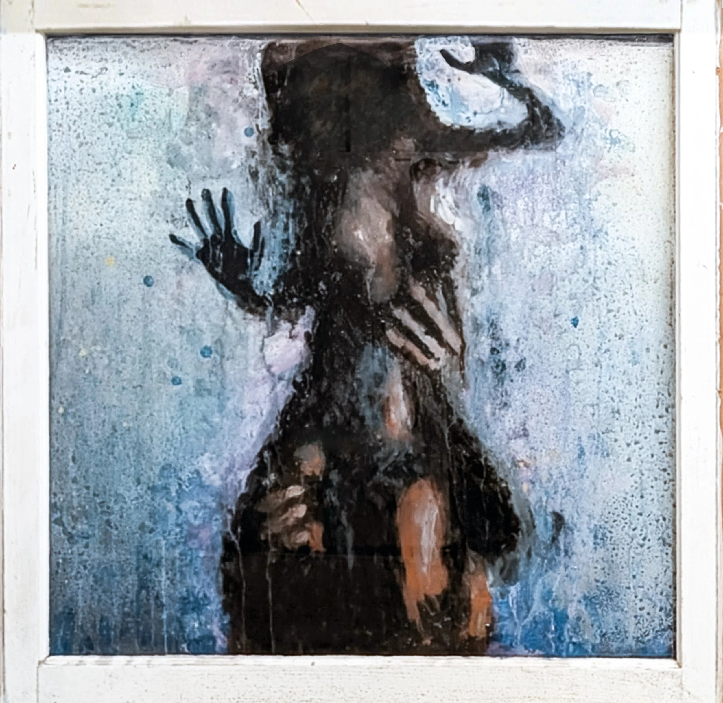 GETTING WET 26X28 ACRYLIC & MIXED MEDIA REVERSE GLASS PAINTING $800