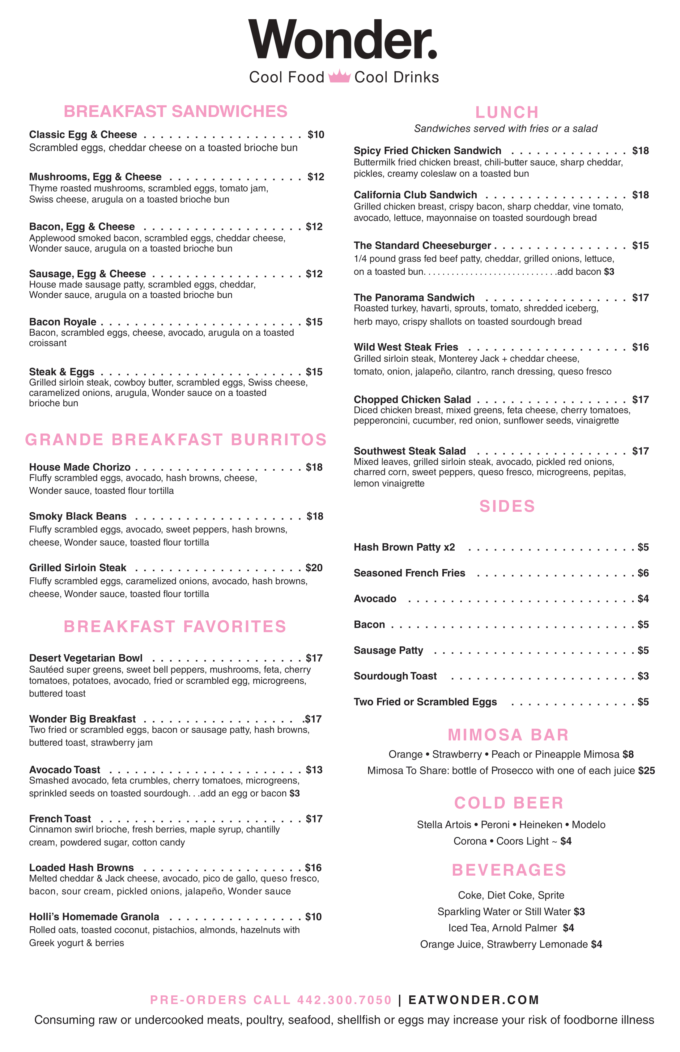 Wonder Cook Menu Wonder Coffee Breakfast Lunch