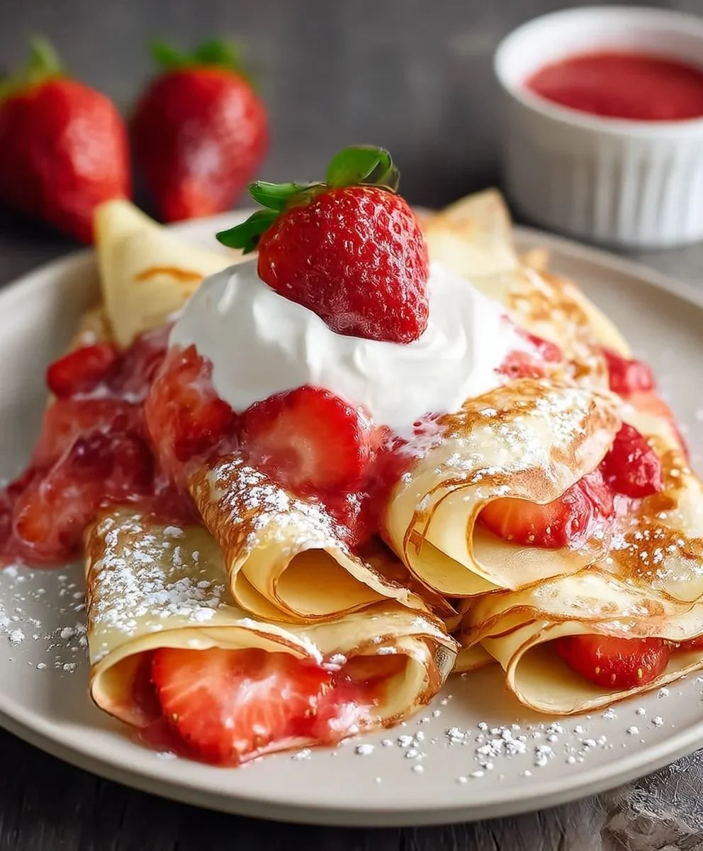 Pancakes topped with whipped cream and strawberries, served with additional strawberries and a bowl of strawberry syrup on the side.