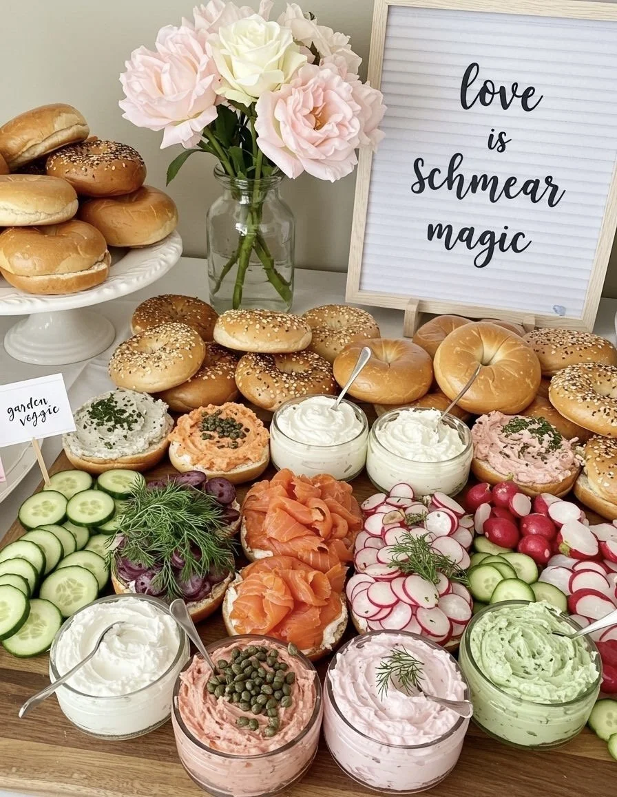 Tray of bagels, sliced cucumbers, radishes, smoked salmon, and various dips with fresh herbs, next to a vase of pink and white flowers, and a framed quote reading 'love is schmeear magic'.