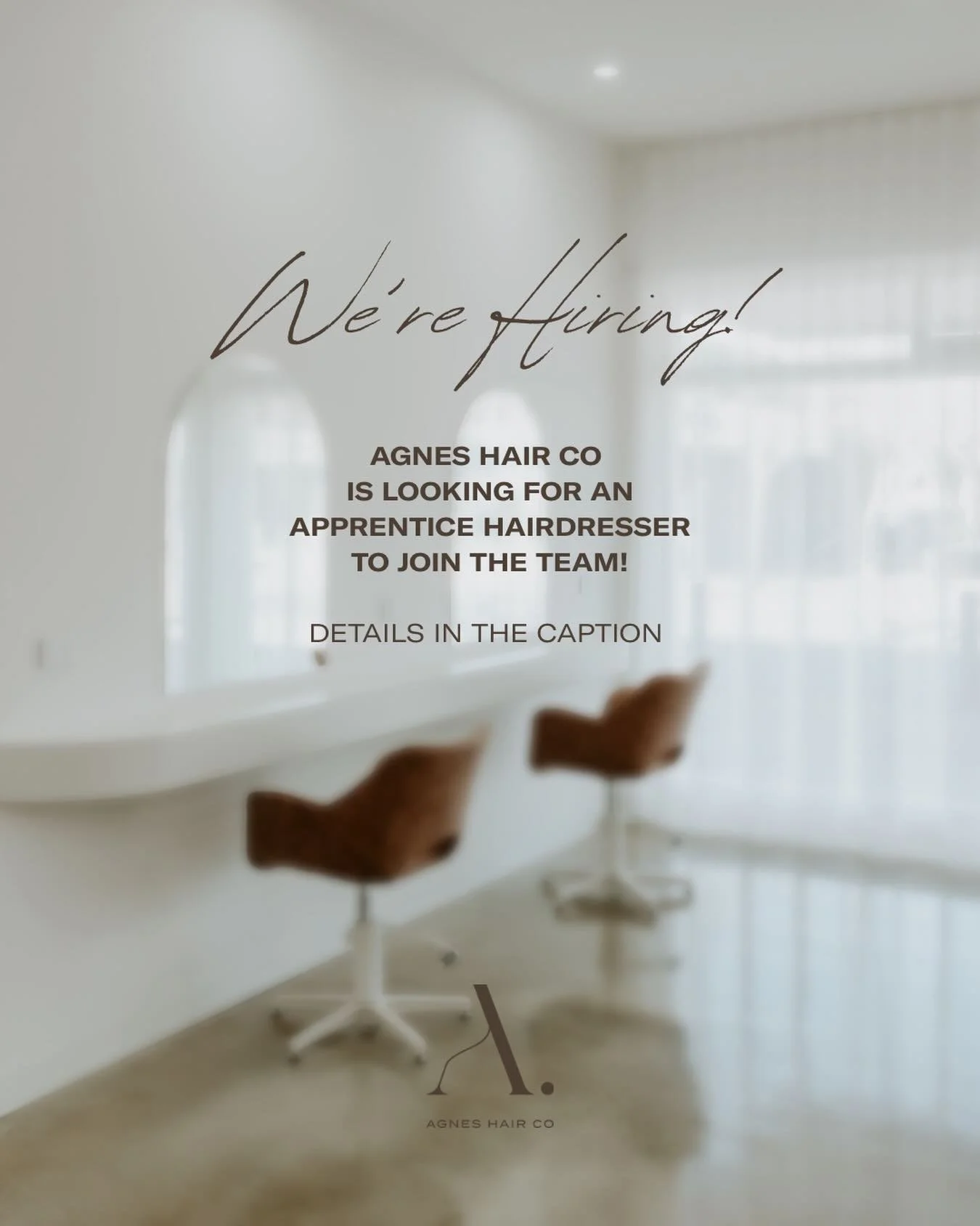 Agnes Hair Co is hiring!

Dreaming of a new hair home? AHC is looking for an apprentice hairdresser to join the team. If you are passionate about hair, eager to learn, and have a calm, positive energy that fits our relaxing vibe, we&rsquo;d love to h