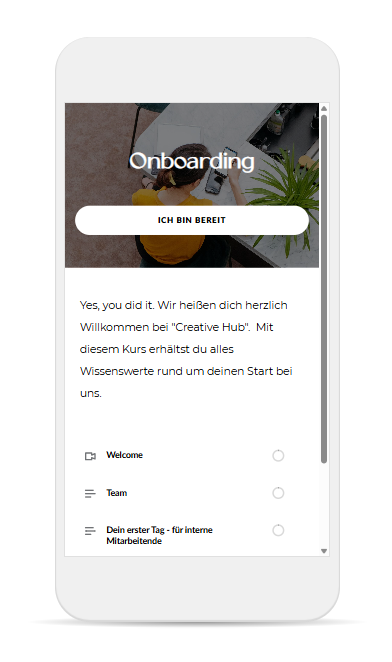 Mobile-Bildschirm mit Onboarding-Text und Navigationselementen für "Creative Hub", Begrüßungsnachricht und Kursmodule angezeigt, wie "Welcome" und "Team".