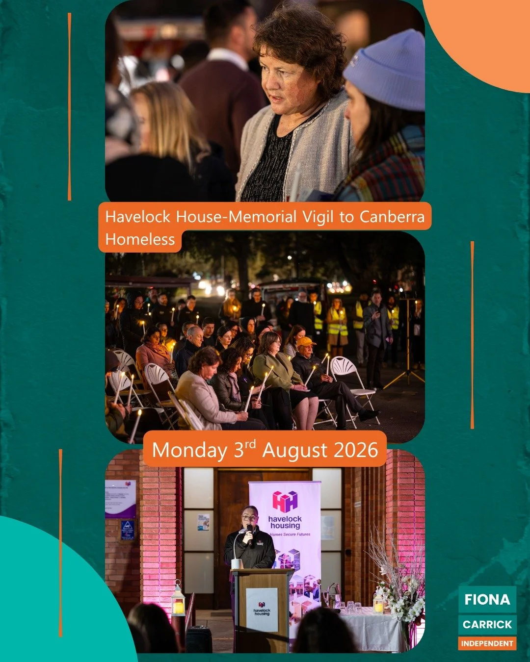 On 3 August I attended the Havelock House vigil to Canberra's homeless to mark the start of Homelessness week. 
 
The theme for Homelessness Week 2026 is Homelessness Action Now &mdash; because we know what works. Now we need action at the scale and 