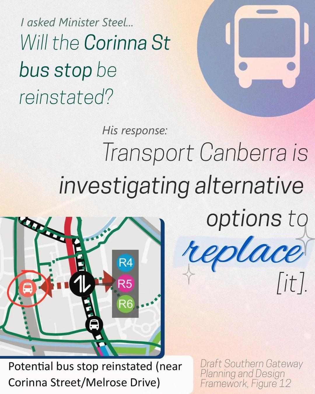 The western side of Woden Town Centre has gone without public transport for too long. Minister Steel has confirmed the government is looking into getting this service up and running again! 
 
I have heard from numerous locals that this service has be