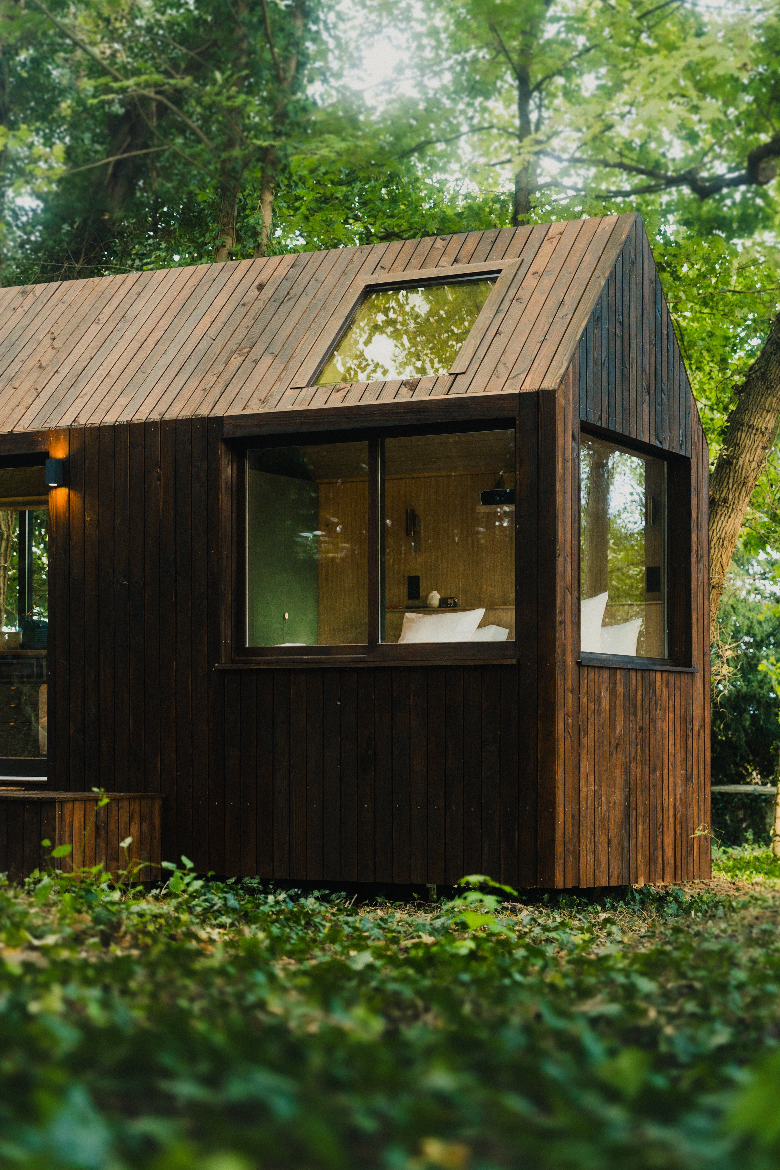 Une petite maison en bois sombre, entourée d'arbres verts, avec des fenêtres en verre et un toit en pente.